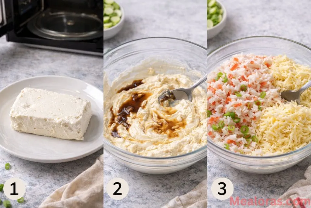 spatula to blend softened cream cheese, mayonnaise, and sour cream in a large glass mixing bowl until smooth