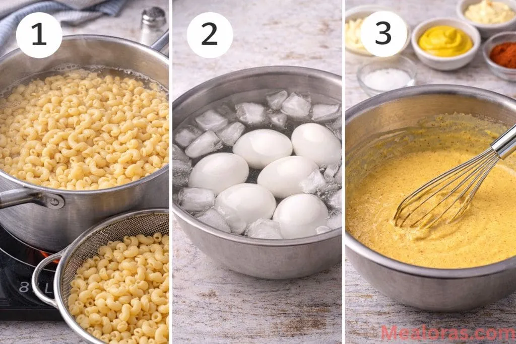 A hand whisking together mayonnaise, mustard, and vinegar in a bowl, with chopped hard-boiled eggs ready to be folded in