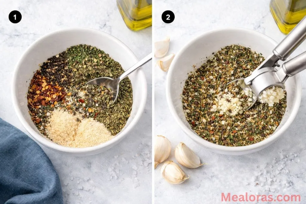 spoon stirring together green dried herbs, red pepper flakes, and freshly pressed garlic in a small bowl