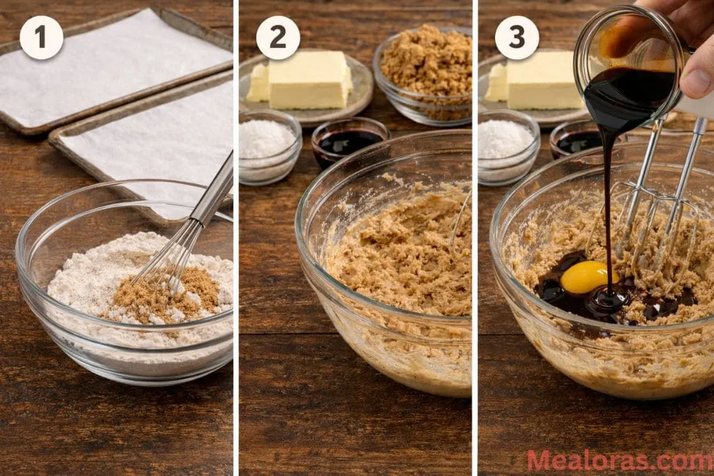 Mixing bowl showing the wet and dry ingredients being combined into a thick gingerbread cookie dough