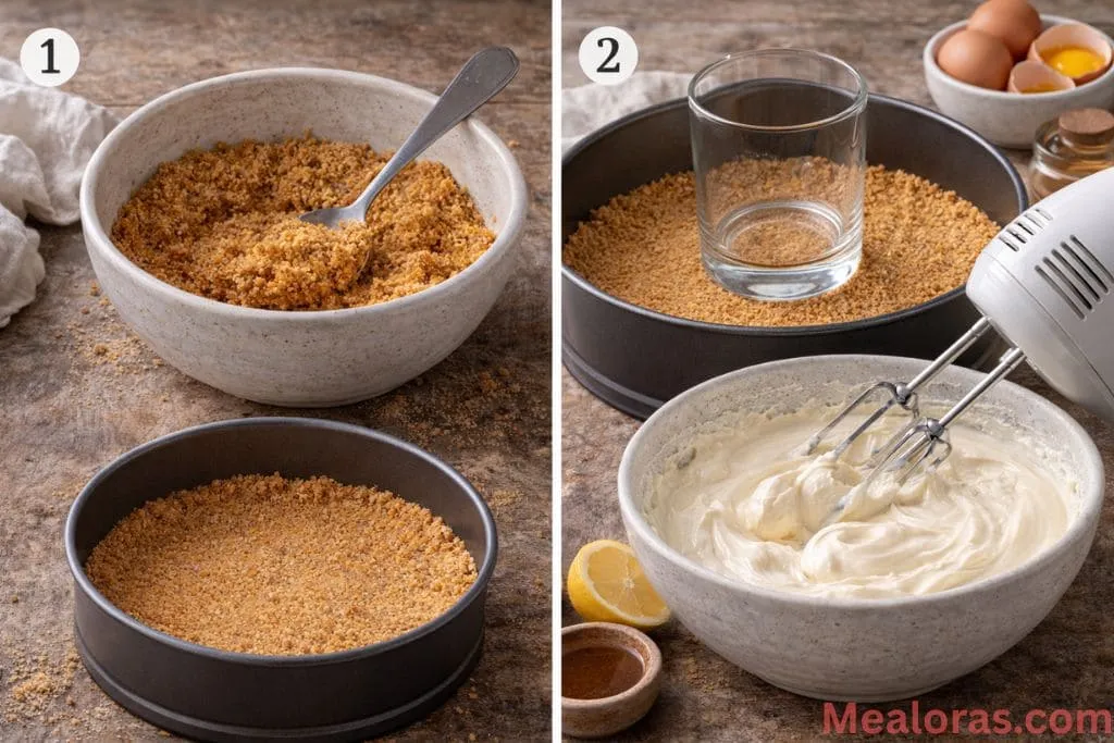Mixing melted butter with fine graham cracker crumbs in a glass bowl