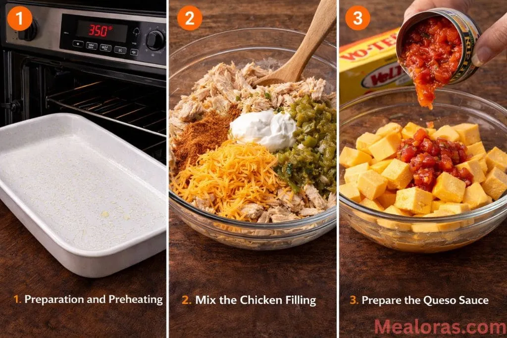 A large glass mixing bowl containing shredded chicken, sour cream, green chilies, and taco seasoning being stirred together