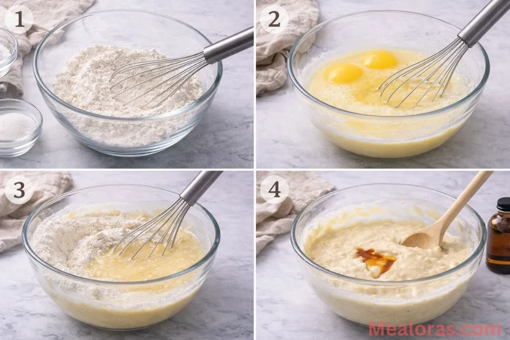 Whisking dry and wet waffle ingredients in glass bowls