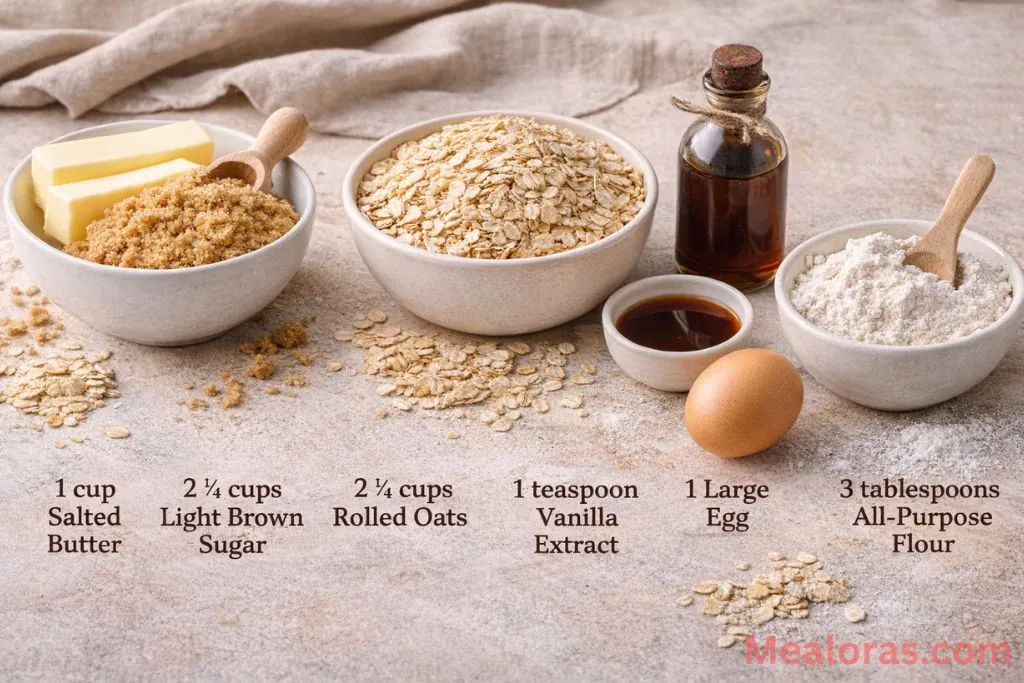 Measured bowls of rolled oats, brown sugar, butter, and vanilla extract on a kitchen counter