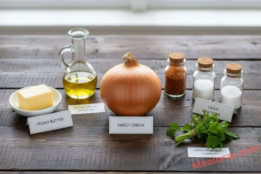 A large sweet onion, vegan butter, olive oil, and Cajun seasonings arranged on a kitchen counter