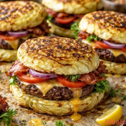 A tray of golden oven-baked cabbage burgers topped with melted white cheddar and fresh herbs