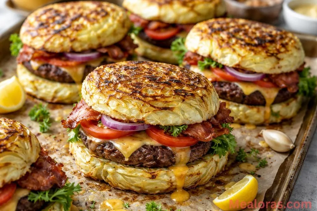 A tray of golden oven-baked cabbage burgers topped with melted white cheddar and fresh herbs