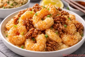 A white platter filled with crispy honey walnut shrimp garnished with green onions and candied walnuts