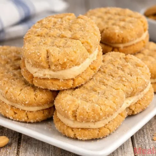 stack of peanut-shaped sandwich cookies with creamy peanut butter filling on a wooden board
