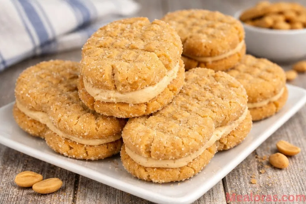 stack of peanut-shaped sandwich cookies with creamy peanut butter filling on a wooden board