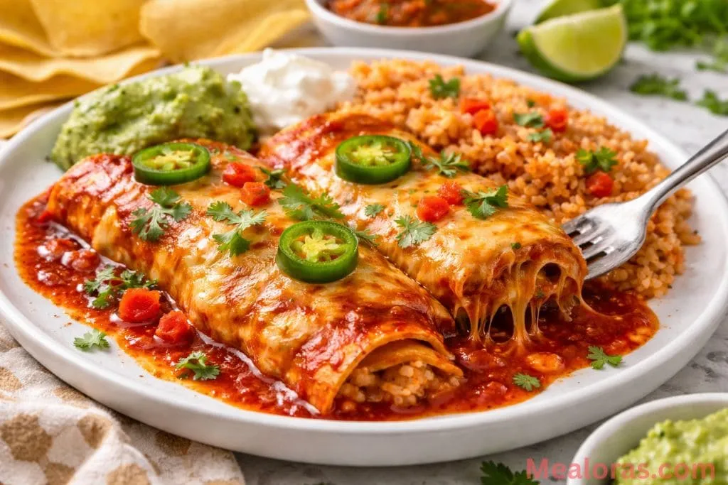 Two cheese enchiladas served on a plate with a side of Mexican rice and refried beans, ready to eat
