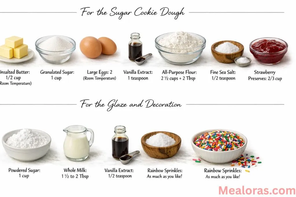 baking ingredients including flour, sugar, butter, eggs, and a jar of strawberry preserves on a kitchen counter