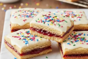 a thick Pop Tart cookie bar with white vanilla icing and rainbow sprinkles, showing the strawberry jam layer inside