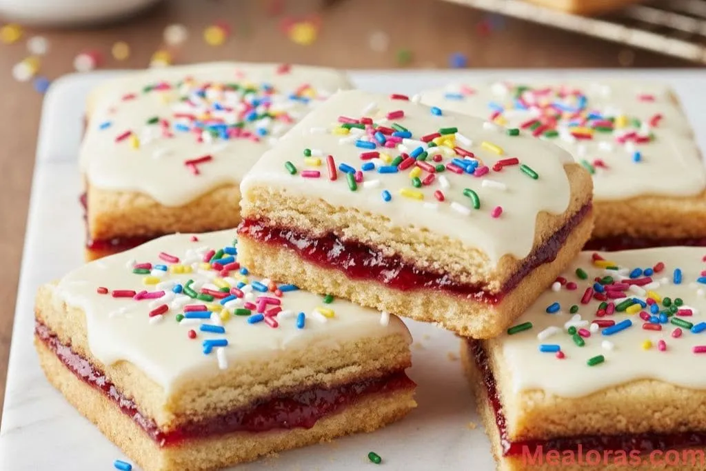 a thick Pop Tart cookie bar with white vanilla icing and rainbow sprinkles, showing the strawberry jam layer inside