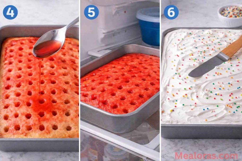 Collage showing liquid Jello being poured, cake chilling, and spreading whipped topping.
