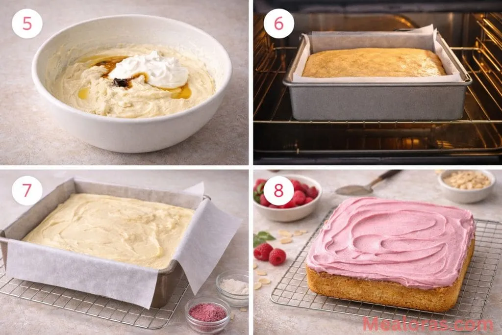 Smooth cake batter being poured into a square baking pan lined with parchment paper
