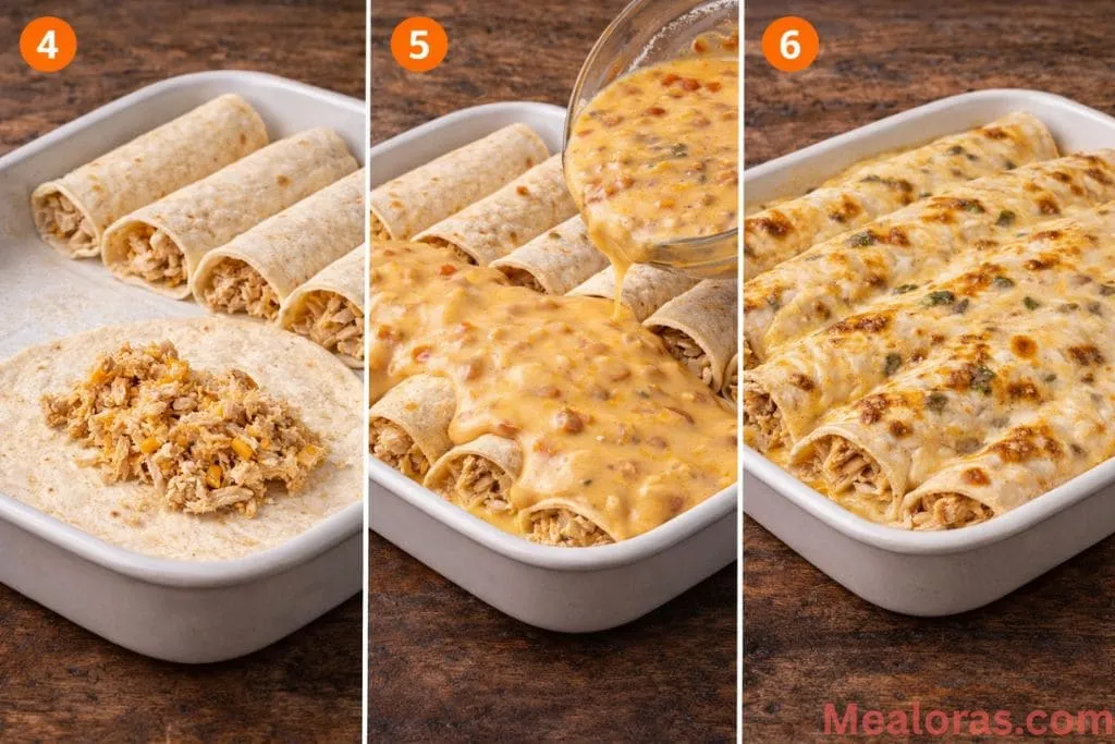 pouring smooth melted Velveeta cheese and diced tomato sauce over rolled tortillas in a baking dish