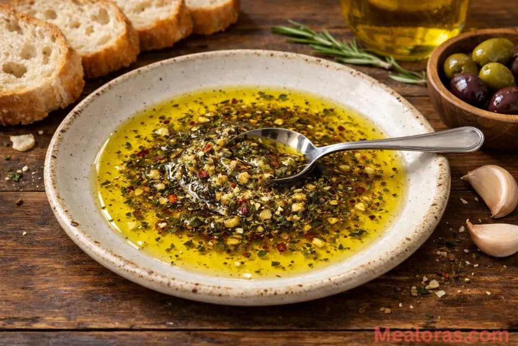 Extra virgin olive oil being poured from a glass bottle onto a bed of Italian spices on a ceramic plate