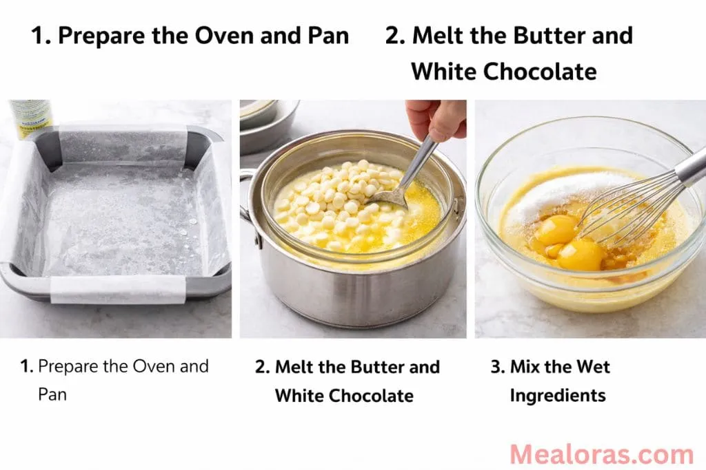 A kitchen scene showing butter and white chocolate being melted and whisked with sugar and eggs in a mixing bowl