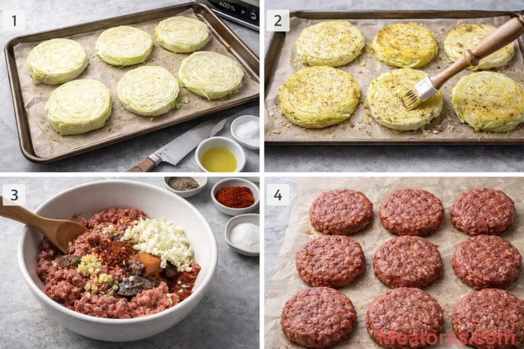 : Sliced cabbage roasting on a baking sheet next to a bowl of seasoned ground beef mixture