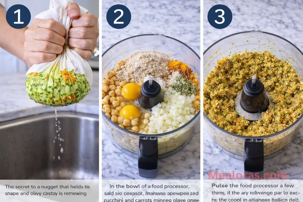 Shredded vegetables being squeezed in a towel and then pulsed in a food processor with chickpeas