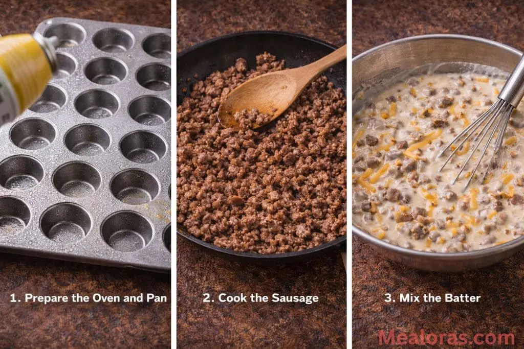 glass bowl where pancake batter is being mixed with cooked sausage and maple syrup