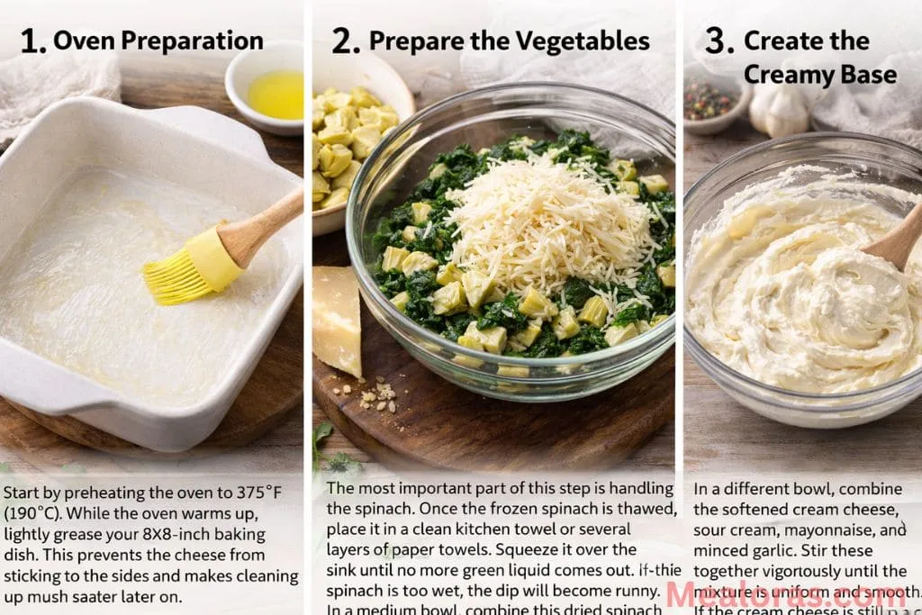 hand squeezing water out of spinach and mixing it with chopped artichokes and Parmesan cheese in a glass bowl