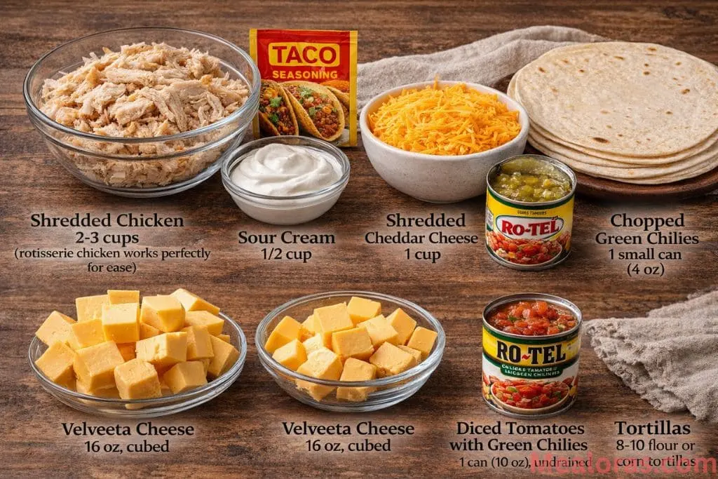Ingredients for chicken enchiladas including shredded chicken, taco seasoning, Velveeta cheese, sour cream, and tortillas on a kitchen counter