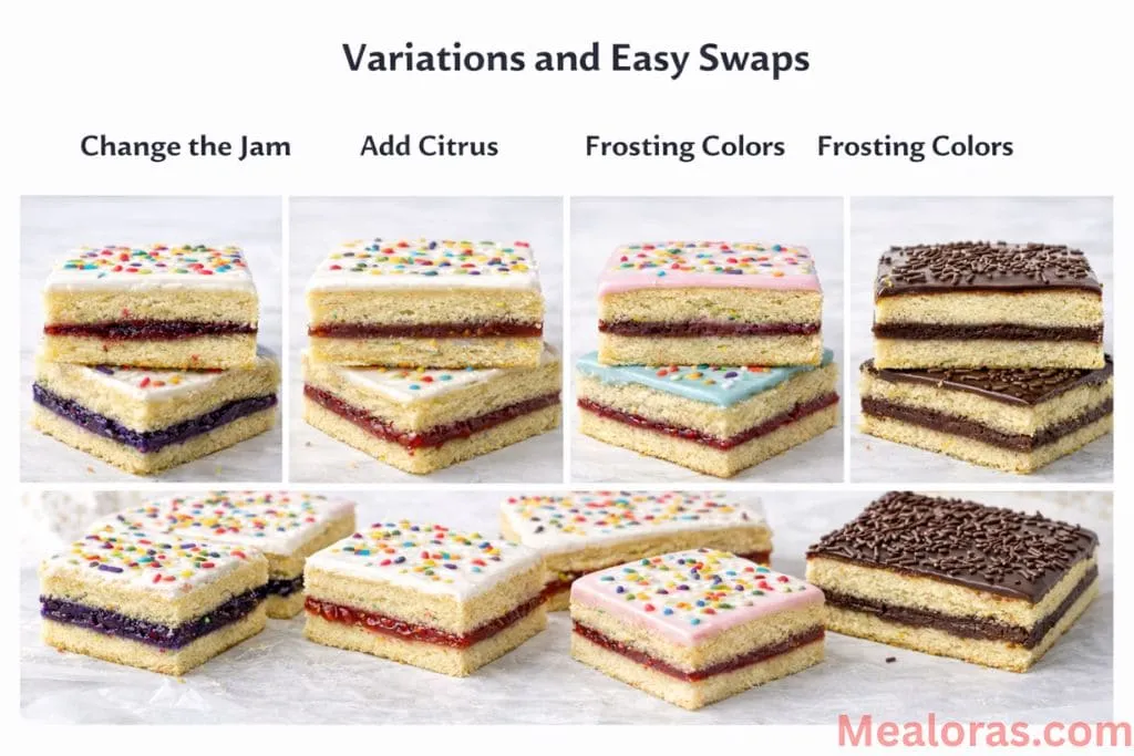 A variety of cookie bars filled with different fruit jams like raspberry and blueberry to show recipe customization