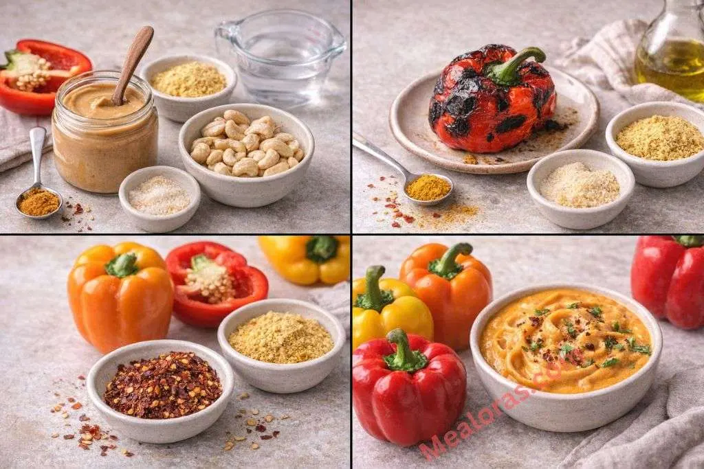 plate of red pepper alfredo topped with steamed broccoli and sautéed mushrooms for extra texture