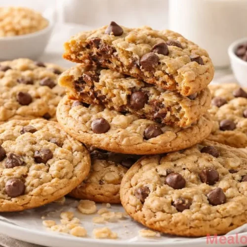 A stack of golden brown chocolate chip cookies made with Rice Krispie cereal on a cooling rack
