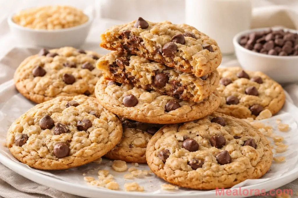 A stack of golden brown chocolate chip cookies made with Rice Krispie cereal on a cooling rack