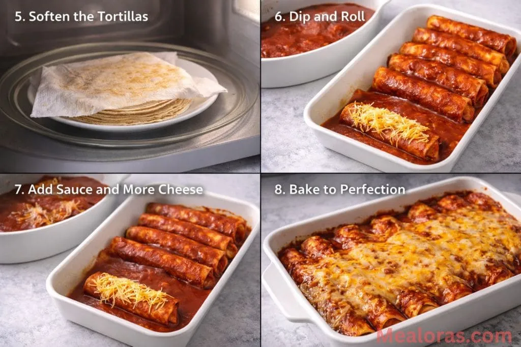 dipping a corn tortilla into red sauce, filling it with shredded cheese, and rolling it tightly into a baking dish