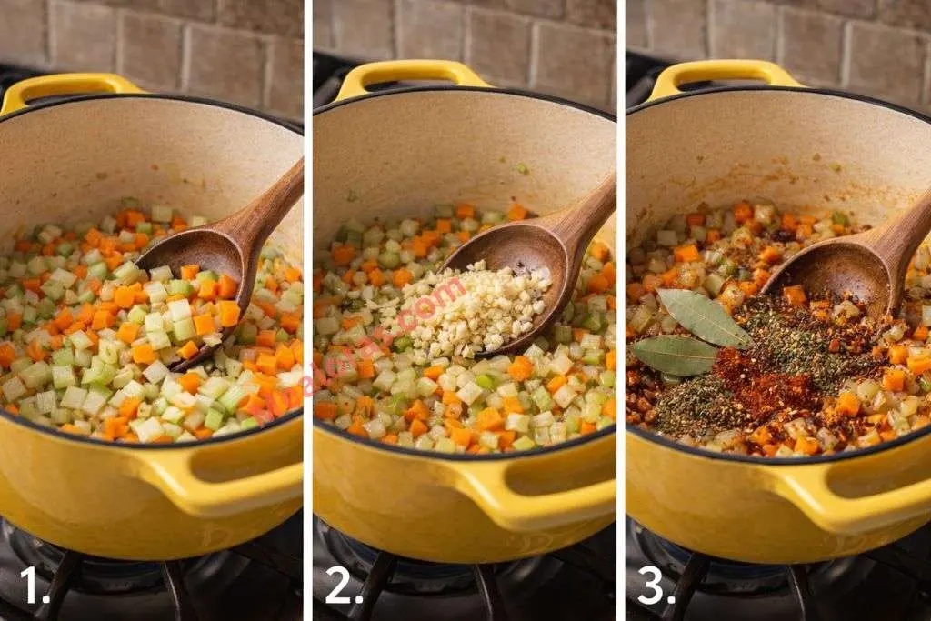 Sautéing chopped onions, carrots, and celery in olive oil in a large pot until tender