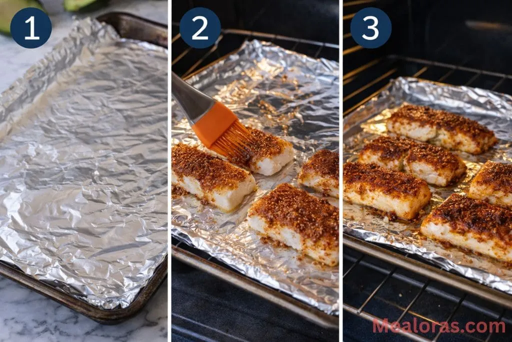 Brushing a blend of melted butter and taco seasoning onto frozen cod fillets on a baking sheet