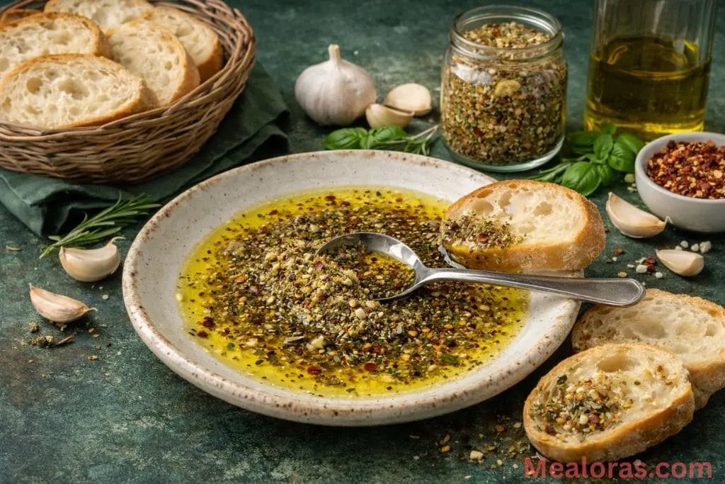glass jar filled with the pre-mixed dry Italian spice blend next to a bottle of extra virgin olive oil.