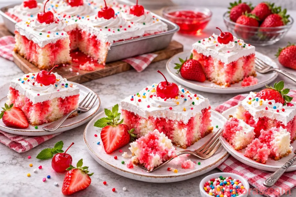 of the finished Jello Poke Cake ready to be served