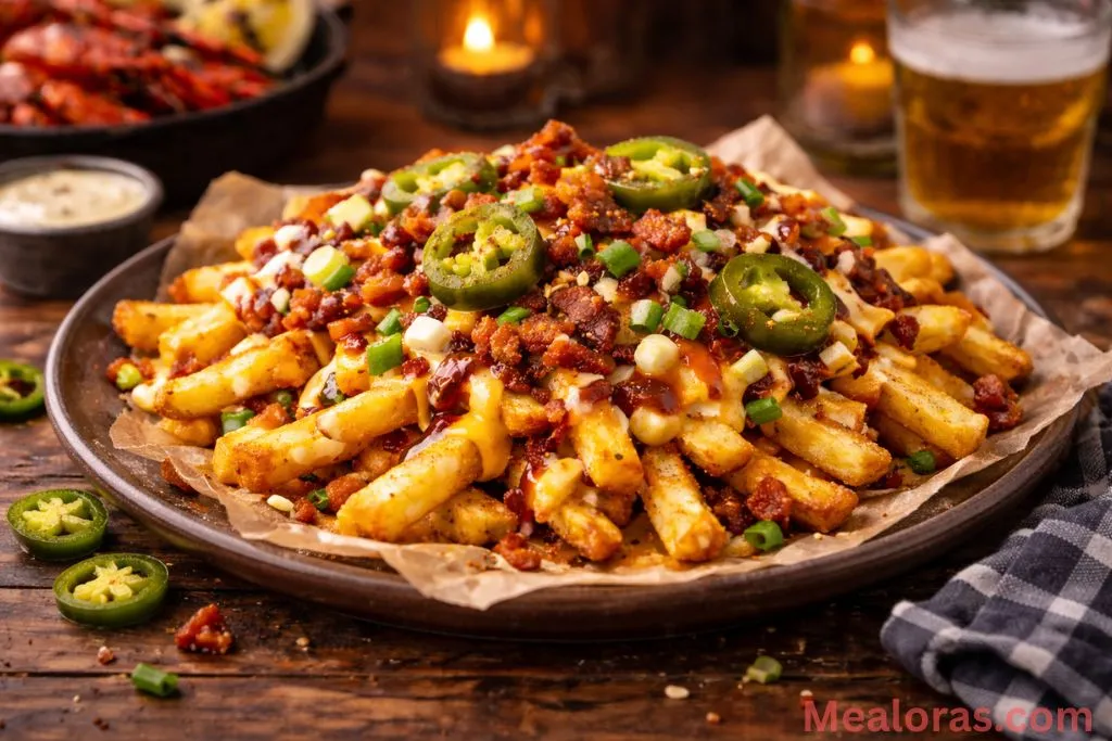 A steaming plate of Louisiana Voodoo Fries ready to be served