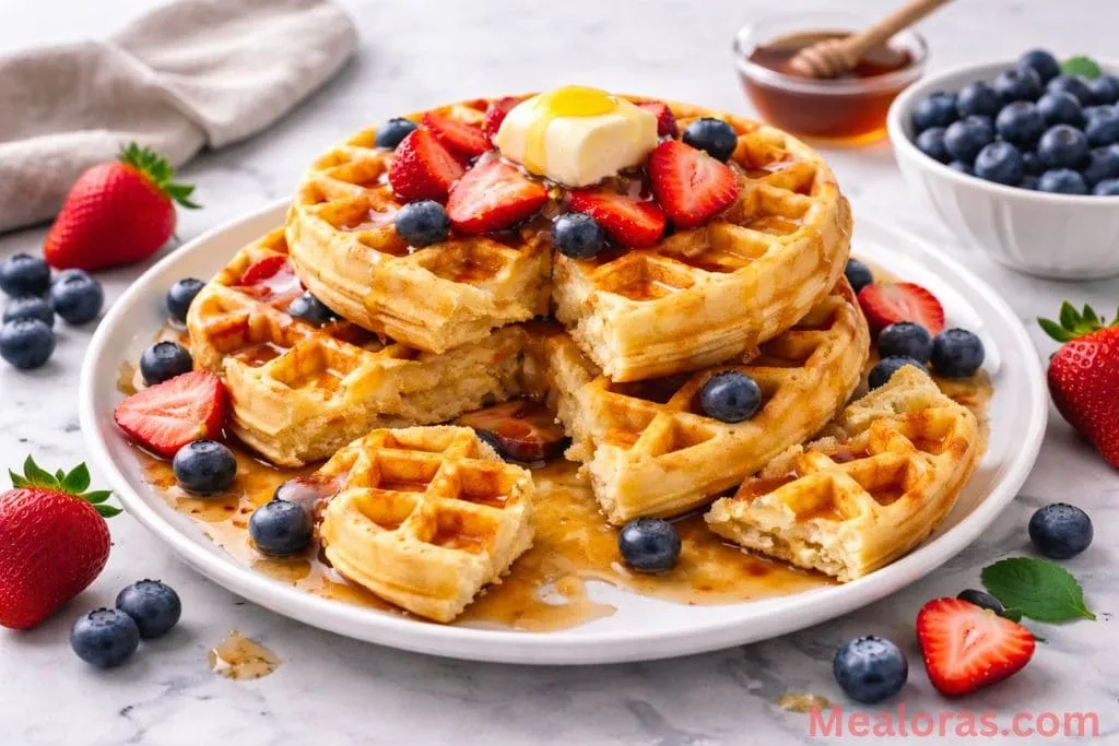 A warm buttermilk waffle ready to eat on a white plate