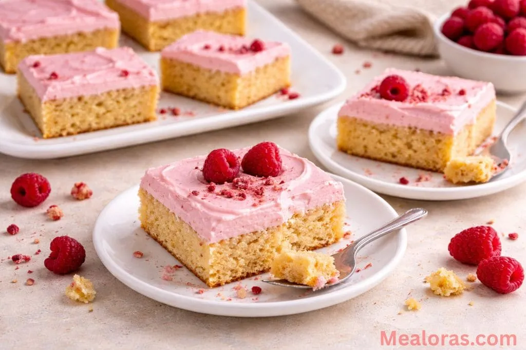 A plated serving of almond raspberry cake with a fork and a cup of herbal tea