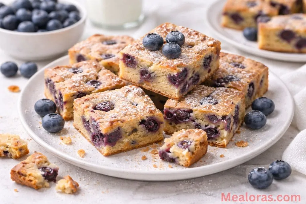 A square blueberry blondie served on a small plate with a scoop of vanilla ice cream and a fresh berry garnish