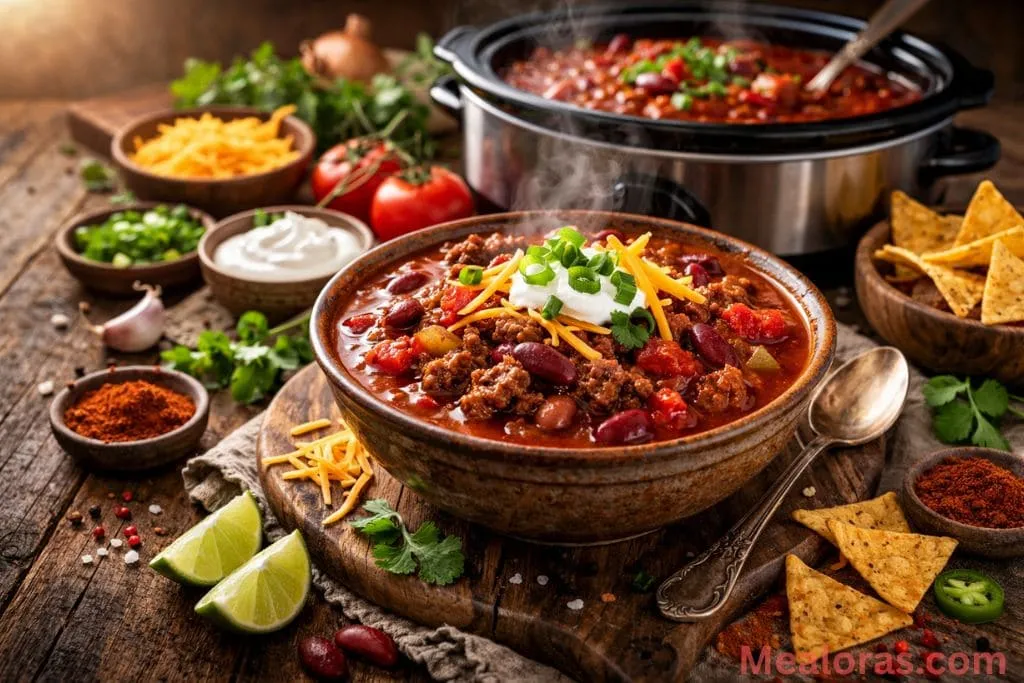 A steaming bowl of finished chili served on a rustic wooden table with a side of buttery cornbread