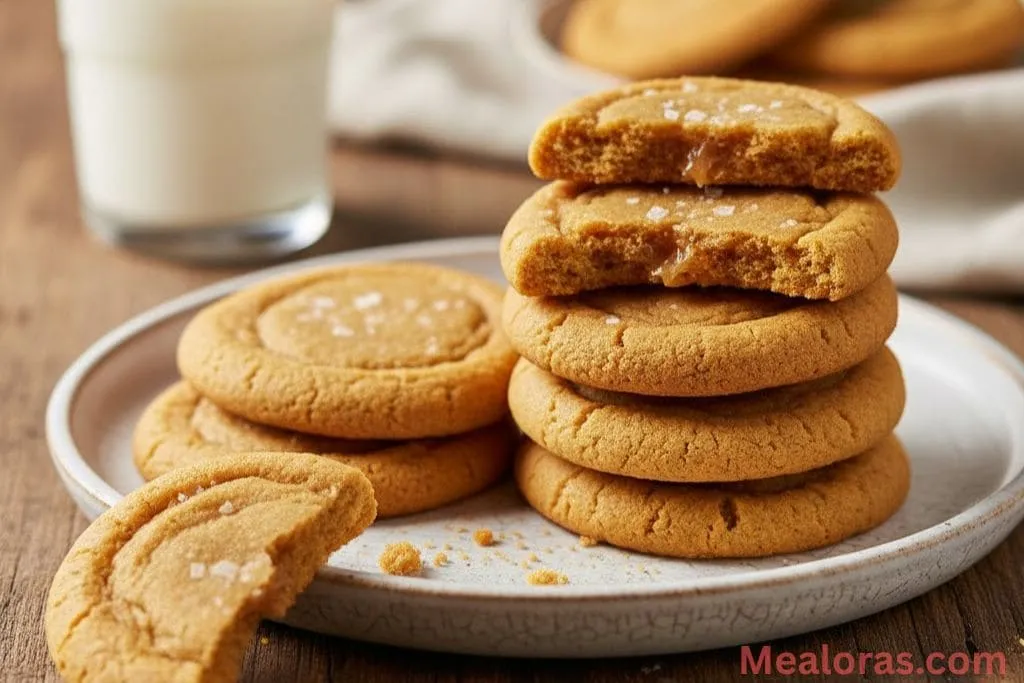 Two chewy caramel cookies served next to a tall glass of cold milk on a rustic wooden surface