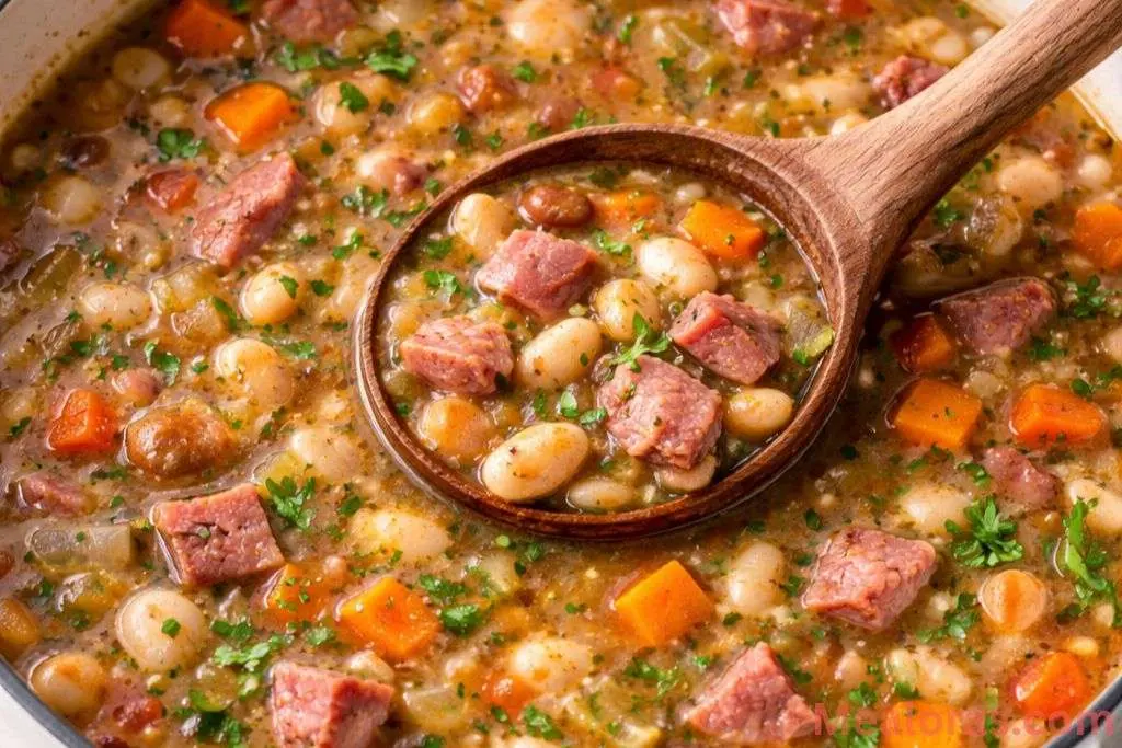white bowl filled with ham and bean soup served with a side of crusty bread