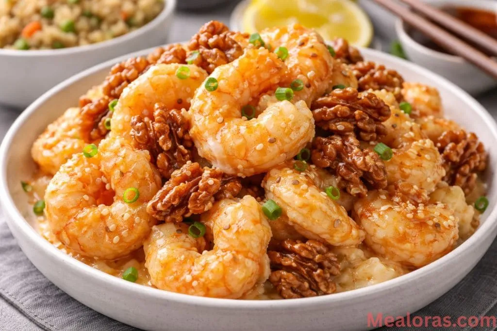 single serving of honey walnut shrimp placed over a bed of fluffy white jasmine rice
