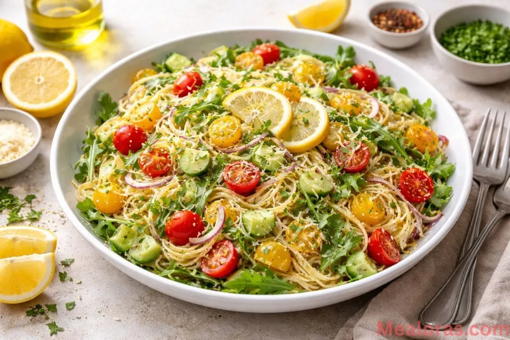 portion of lemon capellini salad served on a plate with a lemon wedge