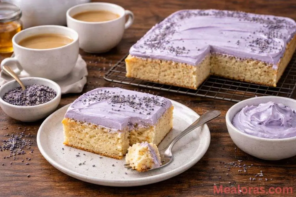 single slice of London Fog Cake served on a white plate with a fork, showing the moist Earl Grey sponge and purple lavender frosting
