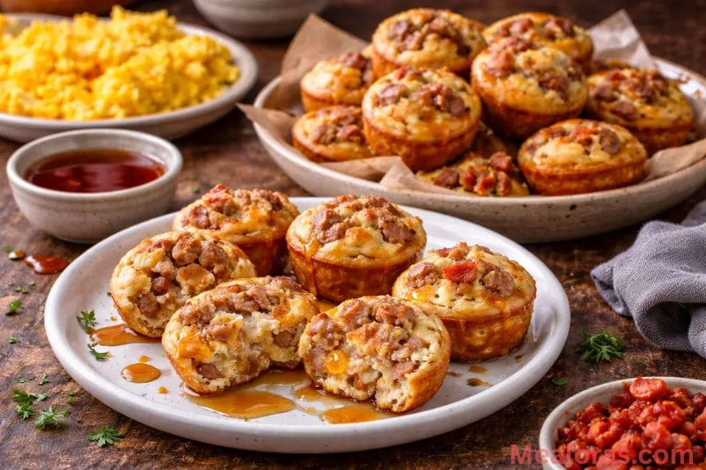 A plate of warm breakfast bites served with a small dipping bowl of pure maple syrup