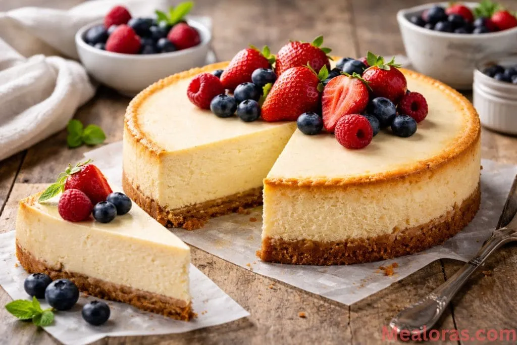 A fork taking a bite out of a creamy slice of authentic New York style cheesecake