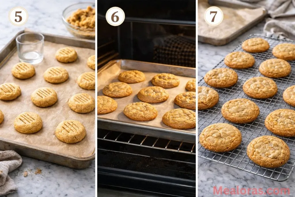 Hand rolling warm caramel cookie dough into balls and placing them on a parchment-lined baking sheet